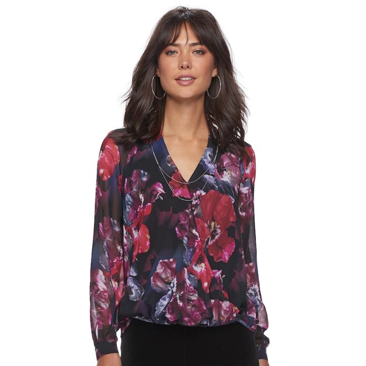 Women's Jennifer Lopez Floral Crossover Top, Size: Medium, Black