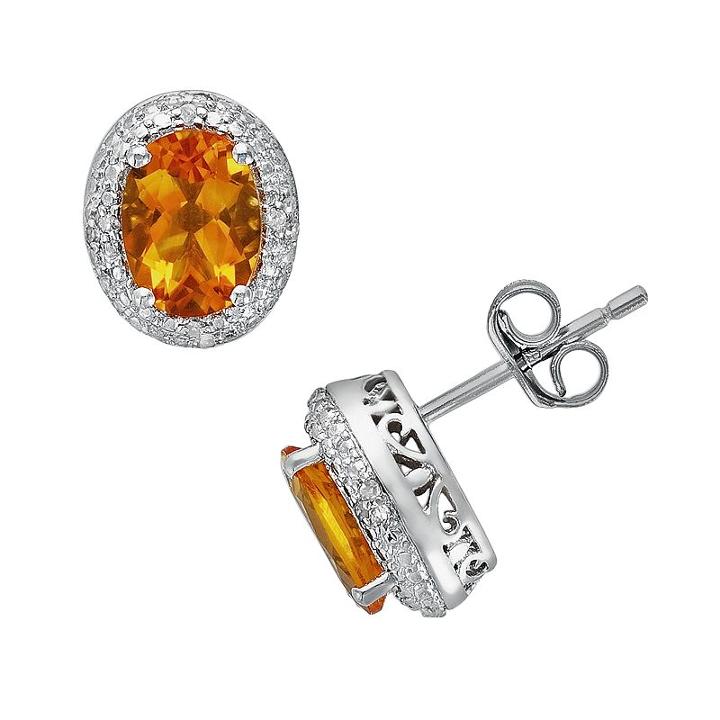 Sterling Silver Citrine And Diamond Accent Oval Frame Stud Earrings, Women's, Orange