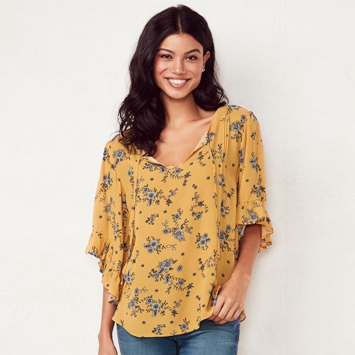 Women's Lc Lauren Conrad Print Flounce Sleeve Top, Size: Medium, Gold