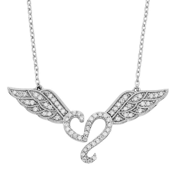 1/3 Carat T.w. Diamond Sterling Silver Heart & Angel Wings Necklace, Women's, Size: 18, White