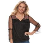Juniors' Mudd&reg; Embroidered Mesh Bell-sleeve Peasant Top, Teens, Size: Small, Black