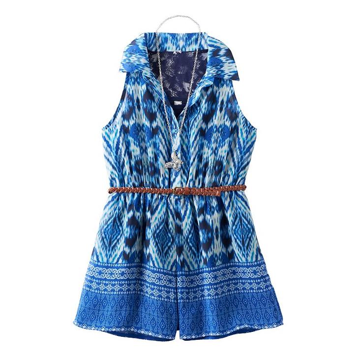 Girls 7-16 Knitworks Lace Back Patterned Belted Romper With Necklace, Girl's, Size: 8, Blue