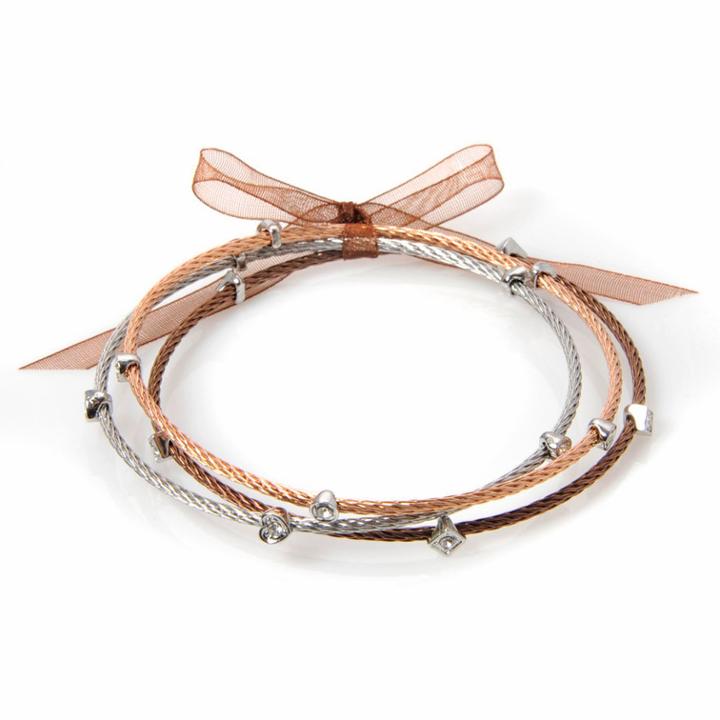 Silver Plate, 10k Rose Gold Over Stainless Steel And Stainless Steel Brown Ion Bangle Bracelet Set, Women's, White