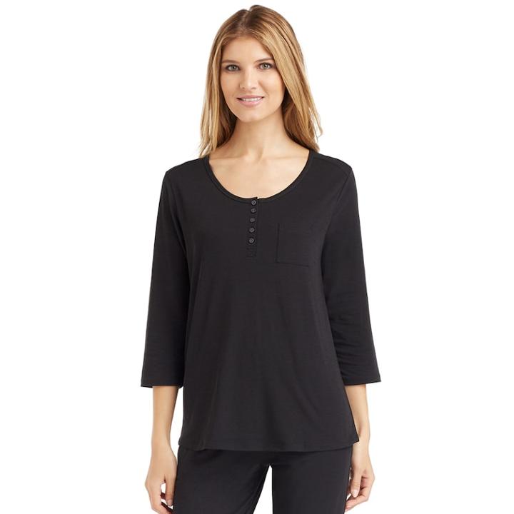 Women's Cuddl Duds Pajamas: Essential Henley Top, Size: Large, Black