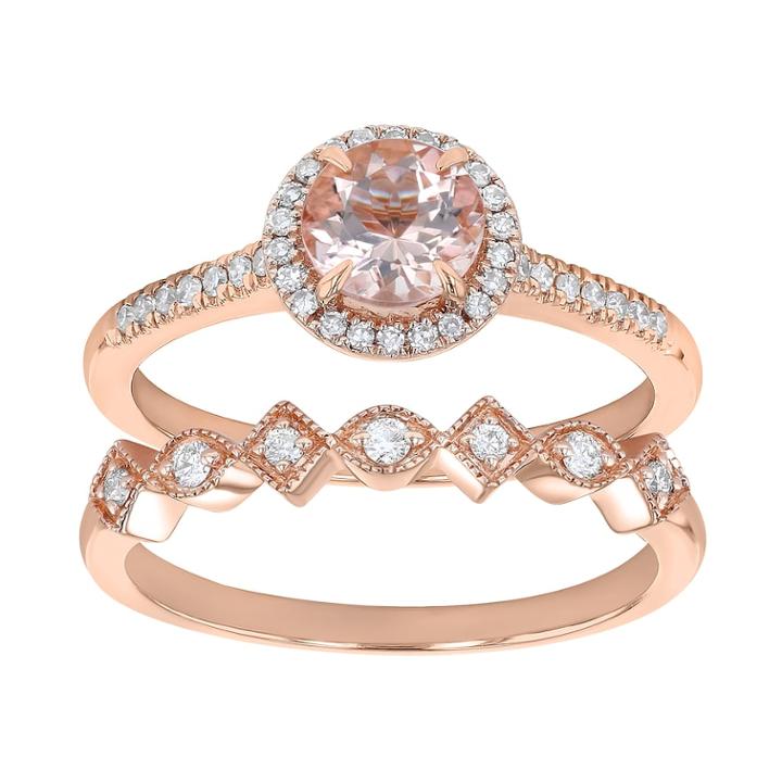 14k Rose Gold Morganite & 1/4 Carat T.w. Diamond Halo Engagement Ring Set, Women's, Size: 5.50, Pink