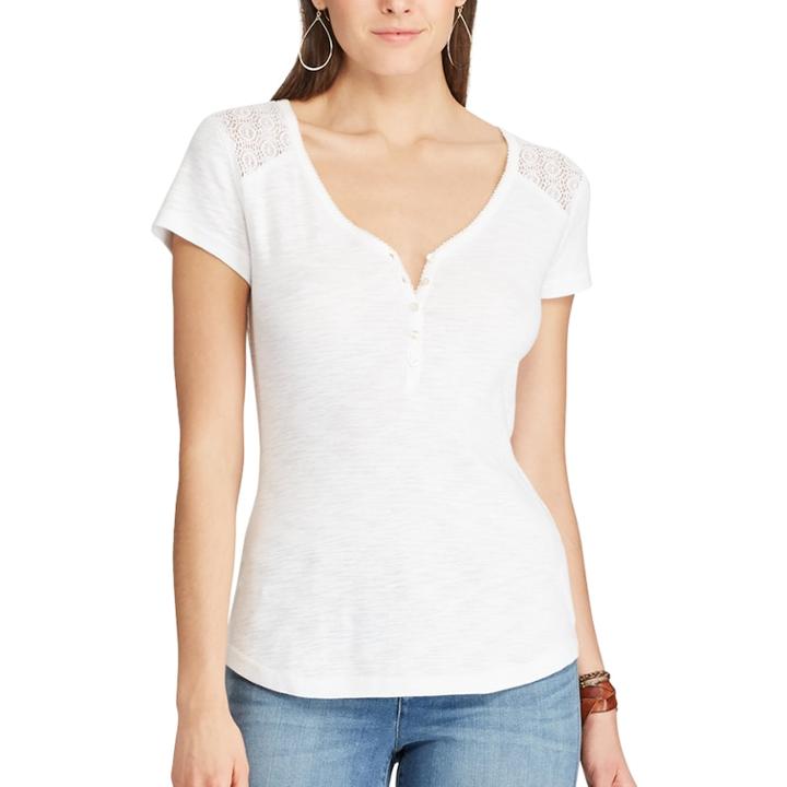 Women's Chaps Lace Yoke Henley, Size: Small, White