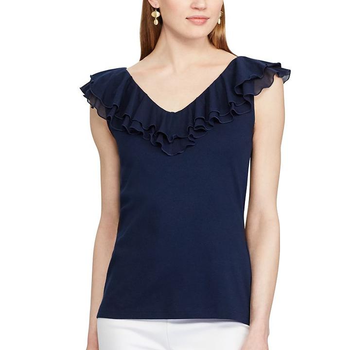 Petite Chaps Ruffled V-neck Top, Women's, Size: M Petite, Blue (navy)