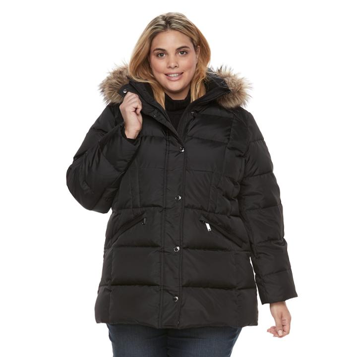 Plus Size Tower By London Fog Hooded Faux-fur Trim Puffer Jacket, Women's, Size: 1xl, Black