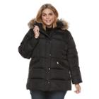 Plus Size Tower By London Fog Hooded Faux-fur Trim Puffer Jacket, Women's, Size: 1xl, Black