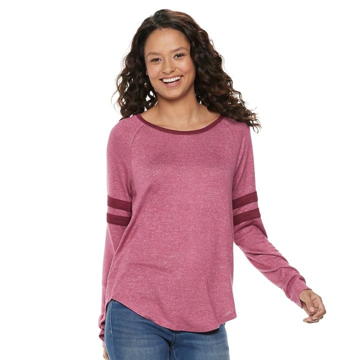 Juniors' So&reg; Long Sleeve Varsity Tee, Teens, Size: Small, Dark Pink