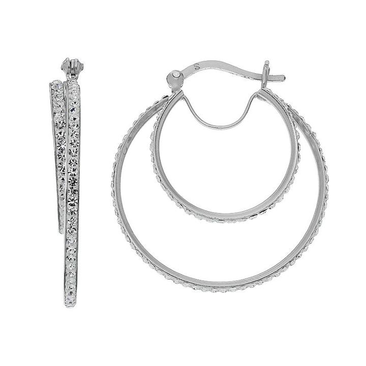 Chrystina Silver Plated Crystal Double Hoop Earrings, Women's, White