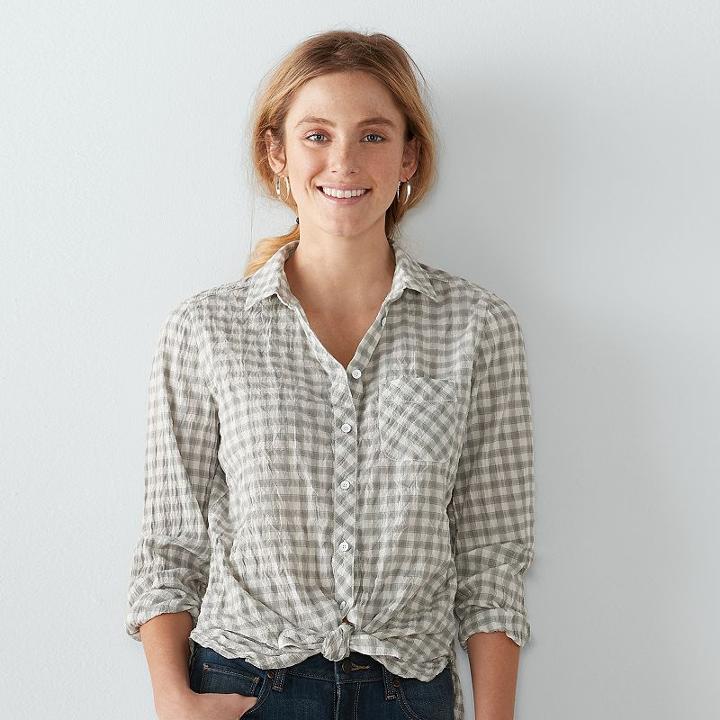 Women's Sonoma Goods For Life™ Plaid Tie-front Shirt, Size: Xl, Lt Green