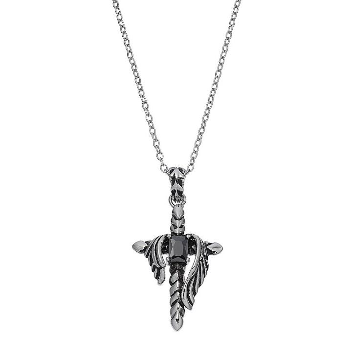 Focus For Men Stainless Steel Cubic Zirconia Winged Cross Pendant, Black