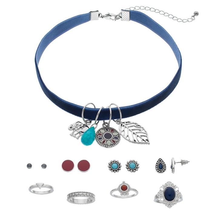Mudd&reg; Elephant Charm Velvet Choker Necklace, Stud Earring & Ring Set, Women's, Black