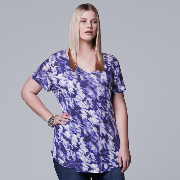 Plus Size Simply Vera Vera Wang Printed V-neck Tee, Women's, Size: 0x, Dark Blue