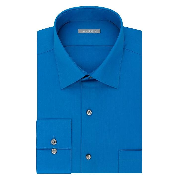 Van Heusen, Men's Fitted Athletic Solid Lux Sateen No Iron Spread Collar Dress Shirt, Size: 18 36/37, Blue Other