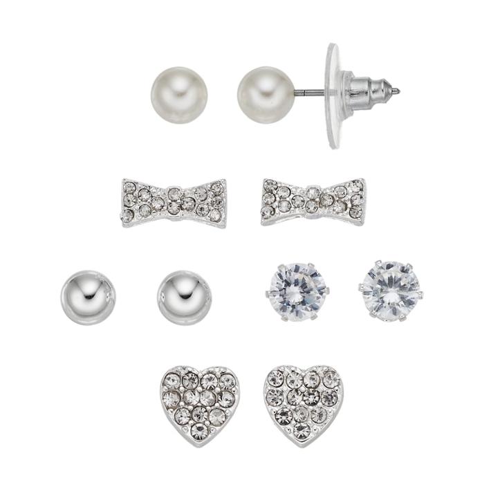 Cubic Zirconia Heart & Bow Tie Nickel Free Stud Earring Set, Women's, Silver
