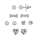 Cubic Zirconia Heart & Bow Tie Nickel Free Stud Earring Set, Women's, Silver