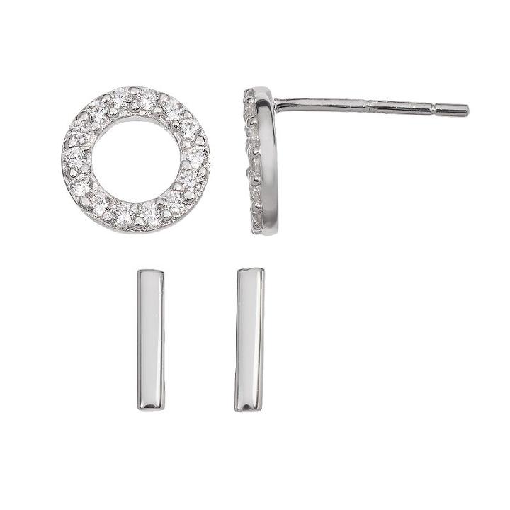 Cubic Zirconia Sterling Silver Circle & Stick Stud Earring Set, Women's, Grey