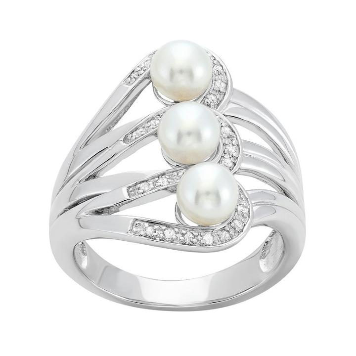 Freshwater Cultured Pearl And 1/10 Carat T.w. Diamond Sterling Silver Openwork Ring, Women's, Size: 7, White