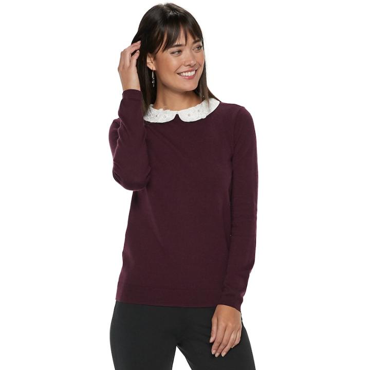 Women's Elle&trade; Lace Peter-pan Collar Sweater, Size: Medium, Drk Purple