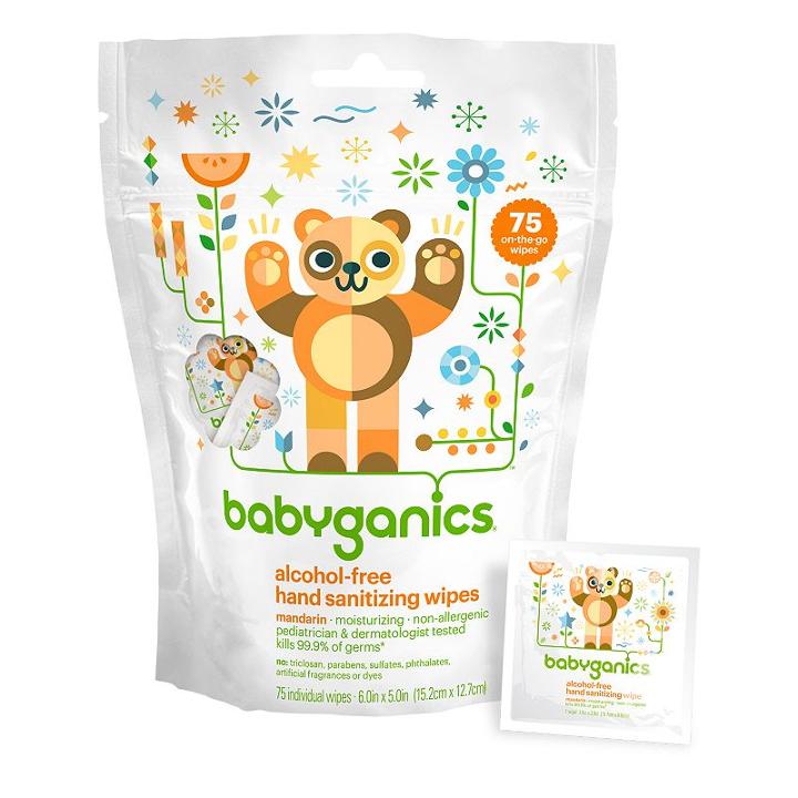 Babyganics 75-pk. Alcohol-free Individual Mandarin Hand Sanitizer Wipes, White, Durable