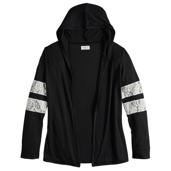 Girls 7-16 & Plus Size So&reg; Lace-stripe Hooded Cardigan, Size: 20 1/2, Black