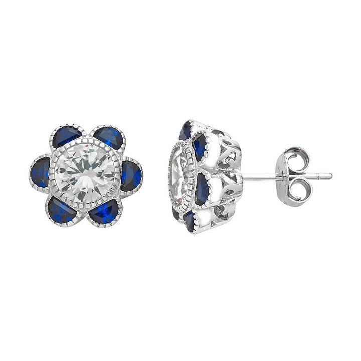 Sterling Silver Cubic Zirconia & Lab-created Blue Spinel Flower Stud Earrings, Women's