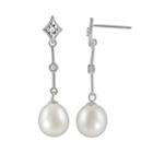 14k White Gold Freshwater Cultured Pearl And Diamond Accent Linear Drop Earrings, Women's