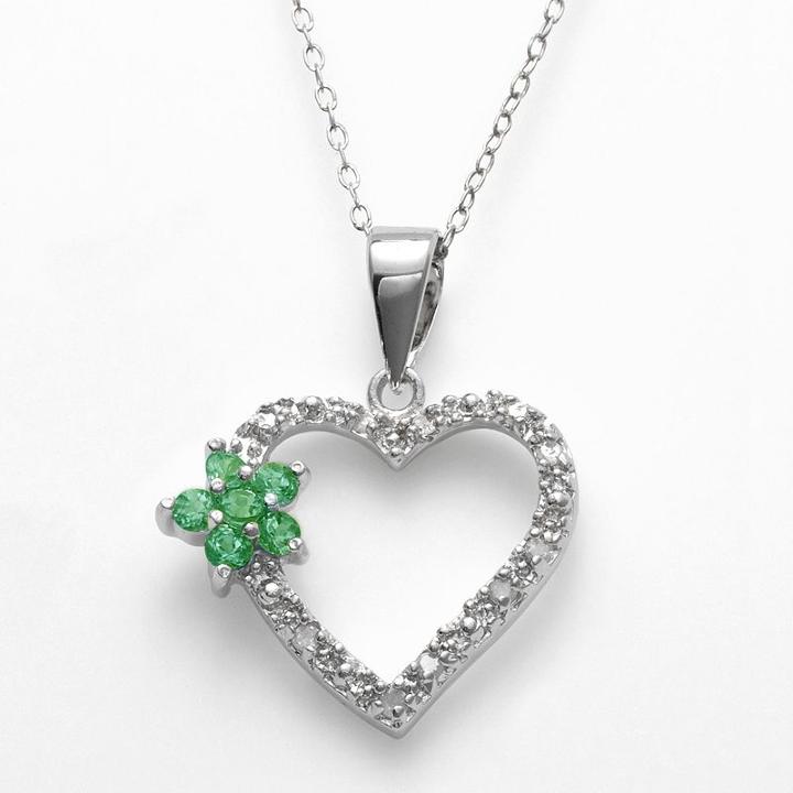 Sterling Silver 1/10-ct. T.w. Diamond And Simulated Emerald Flower Heart Pendant, Women's, Size: 18, Green
