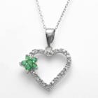 Sterling Silver 1/10-ct. T.w. Diamond And Simulated Emerald Flower Heart Pendant, Women's, Size: 18, Green