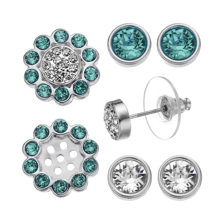 Crystal Colors Silver Tone Interchangeable Flower Jacket & Stud Earring Set - Made With Swarovski Crystals, Women's, Green