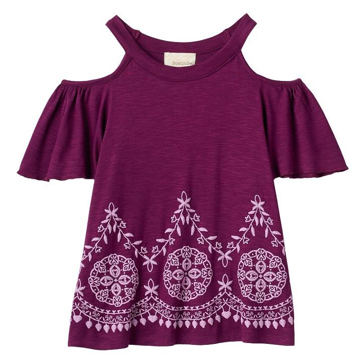Girls 7-16 Rewind Cold Shoulder Printed Embroidery Border Top, Girl's, Size: Small, Purple Oth