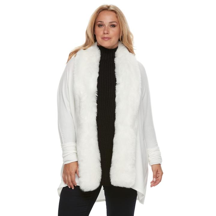 Plus Size Jennifer Lopez Faux-fur Trim Cardigan, Women's, Size: 3xl, White