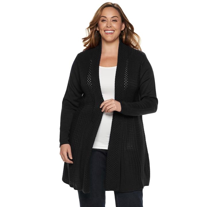 Plus Size Dana Buchman Pleated Open-work Cardigan Sweater, Women's, Size: 2xl, Black