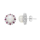 Sterling Silver Freshwater Cultured Pearl, Lab-created Ruby & White Sapphire Stud Earrings, Women's