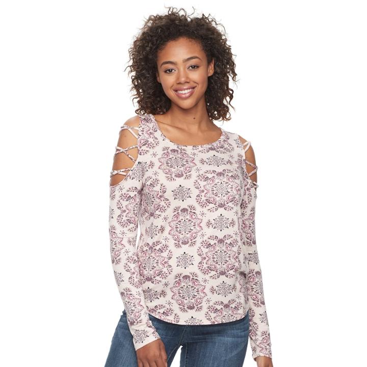 Juniors' Mudd&reg; Lattice Cold-shoulder Sleeve Top, Teens, Size: Large, Purple