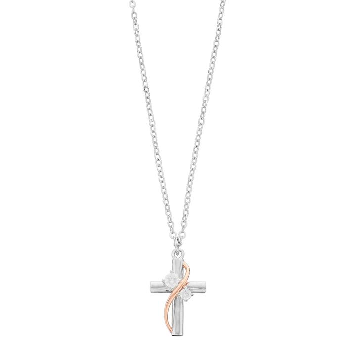 Brilliance Two Tone Cross Pendant Necklace With Swarovski Zirconia, Women's, White