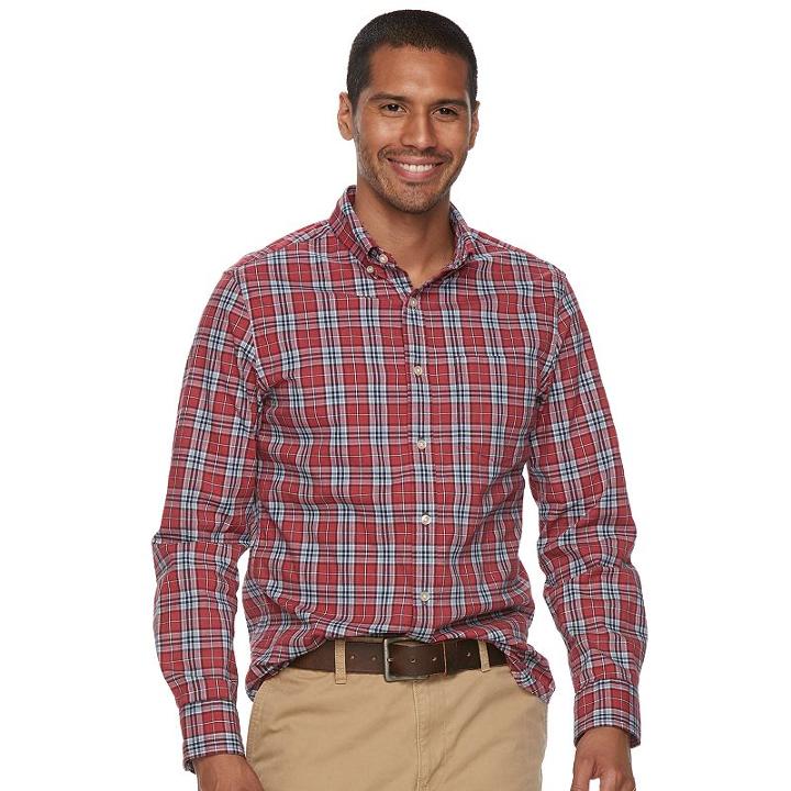 Men's Sonoma Goods For Life&trade; Flexwear Slim-fit Plaid Poplin Button-down Shirt, Size: Xxl, Med Red