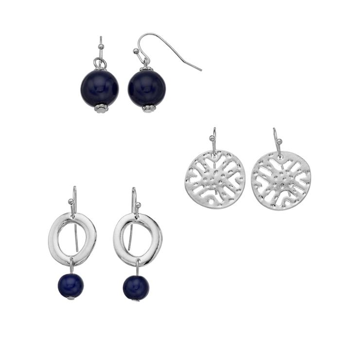 Silver Tone Blue Bead Drop Earring Set, Women's