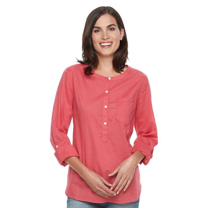 Women's Croft & Barrow&reg; Printed Roll-tab Henley Shirt, Size: Medium, Brt Red