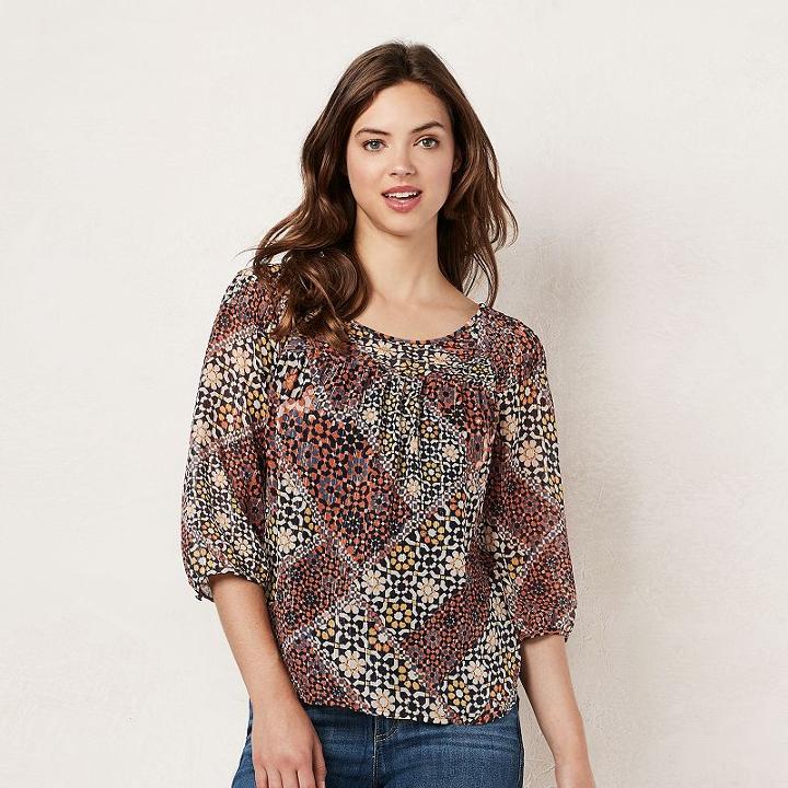 Women's Lc Lauren Conrad Printed Chiffon Peasant Top, Size: Medium, Blue