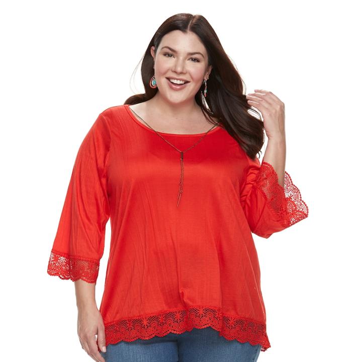 Plus Size French Laundry Crochet Trim Top & Necklace Set, Women's, Size: 1xl, Red