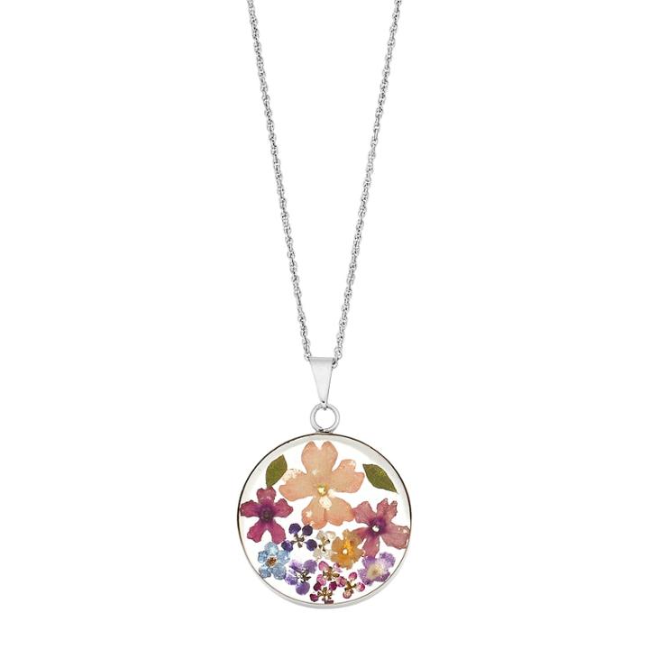 Sterling Silver Pressed Flower Circle Pendant, Women's, Size: 18, Multicolor