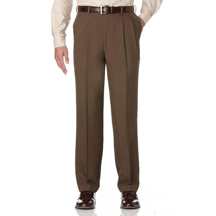 Men's Savane Crosshatch Straight-fit Easy-care Pleated Dress Pants, Size: 36x28, Brown