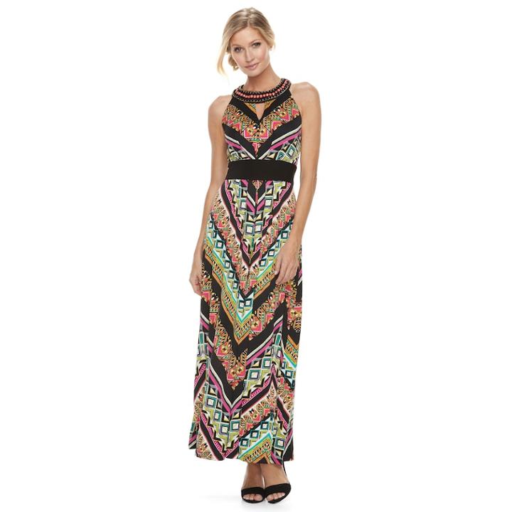 Women's Ronni Nicole Printed Chevron Maxi Dress, Size: 6, Black Coral Multi