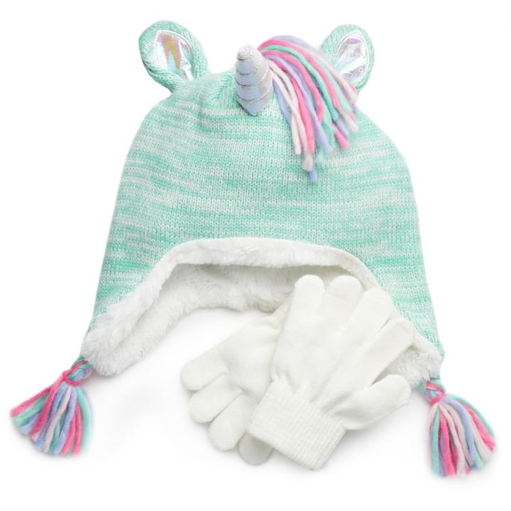 Girls 4-16 So&reg; Unicorn Hat & Gloves Set, Size: S-m, Lt Green