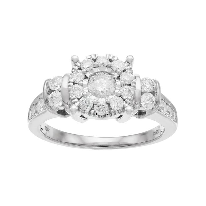 10k Gold 1 Carat T.w. Diamond Flower Engagement Ring, Women's, Size: 8, White