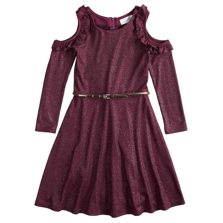 Girls' 7-16 Lavender Ruffle Cold-shoulder Knit Dress, Size: 10, Purple