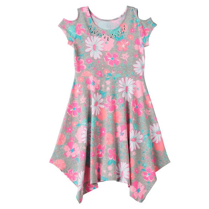 So, Girls Plus Size &reg; Cold Shoulder Embellished Patterned Handkerchief Hem Dress, Girl's, Size: 14 1/2, Med Grey
